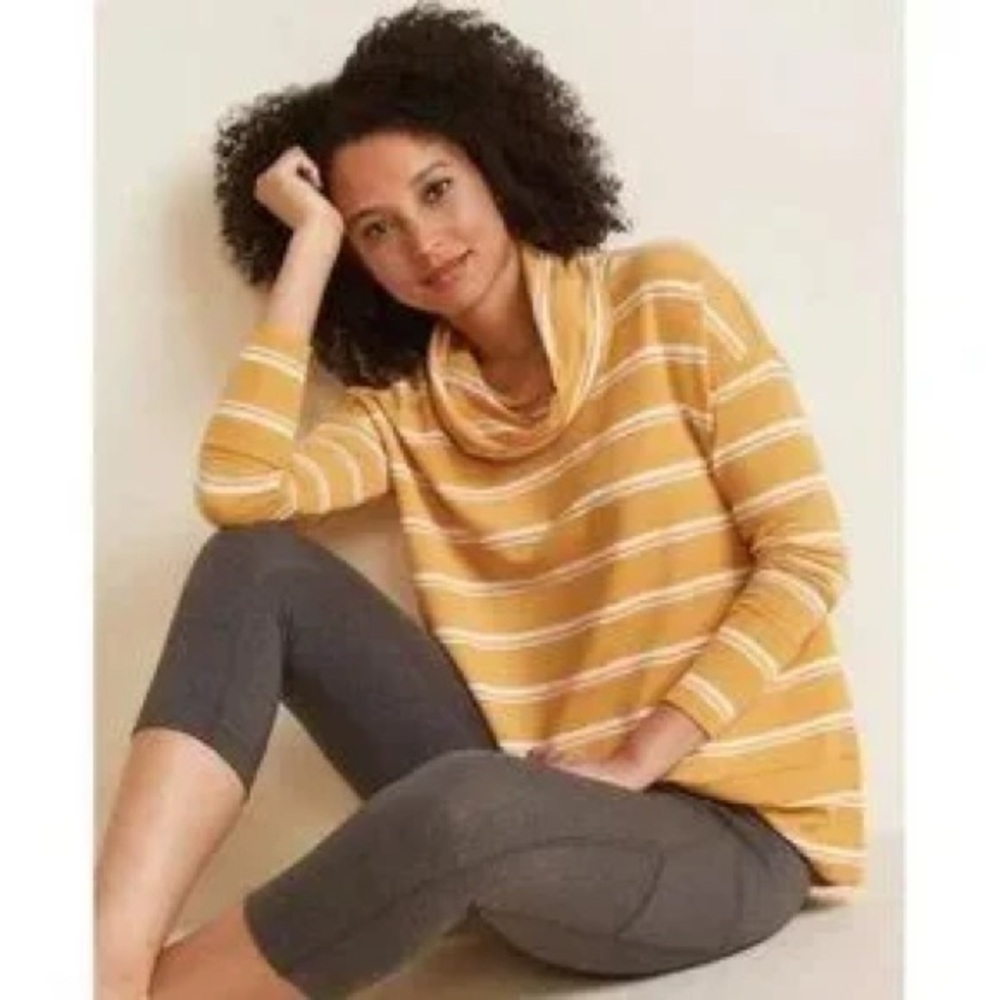 Garnet Hill Yellow White Stripe Cowl Neck Oversized Tencel Soft Knit Tunic Top M